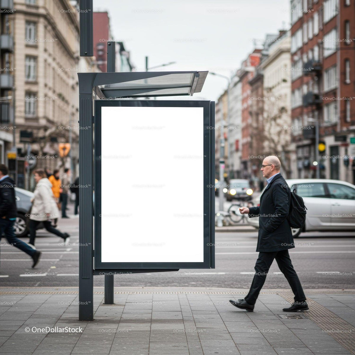 Man walking past blank advertising board in city street JPG Mockup Image preview