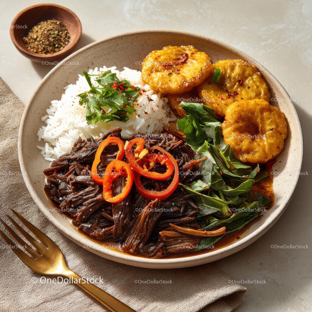 Savory Asian Dish with Rice, Vegetables, and Grilled Plantains Stock Photo Bundle preview 5