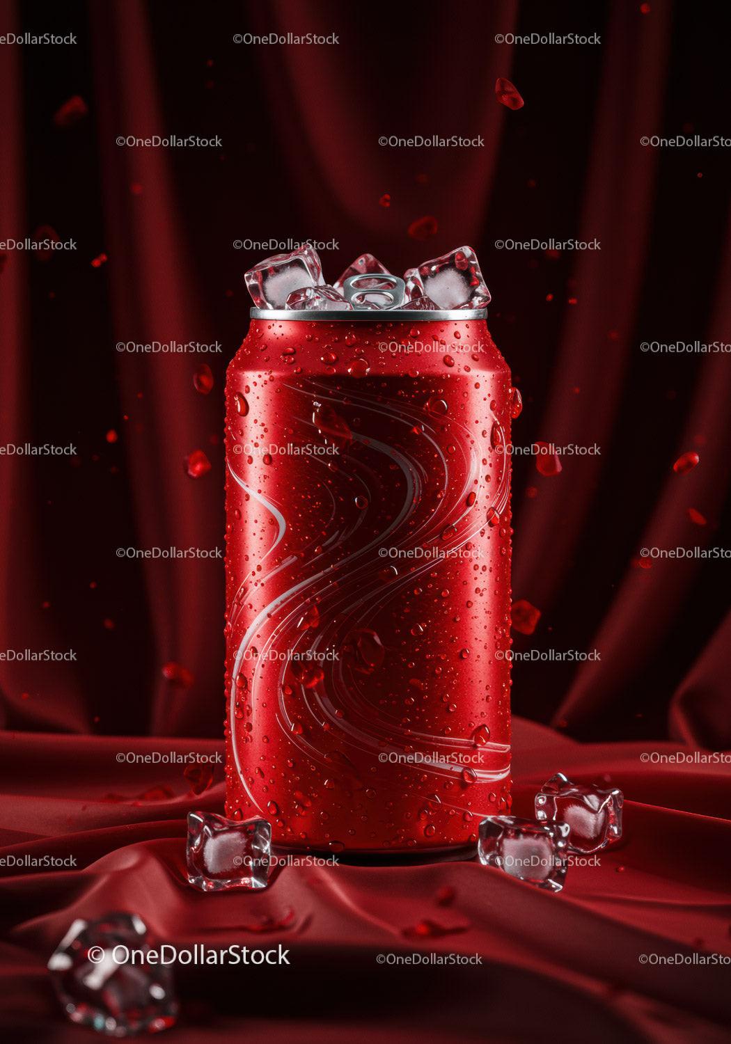 Red soda can with ice cubes on red silk background