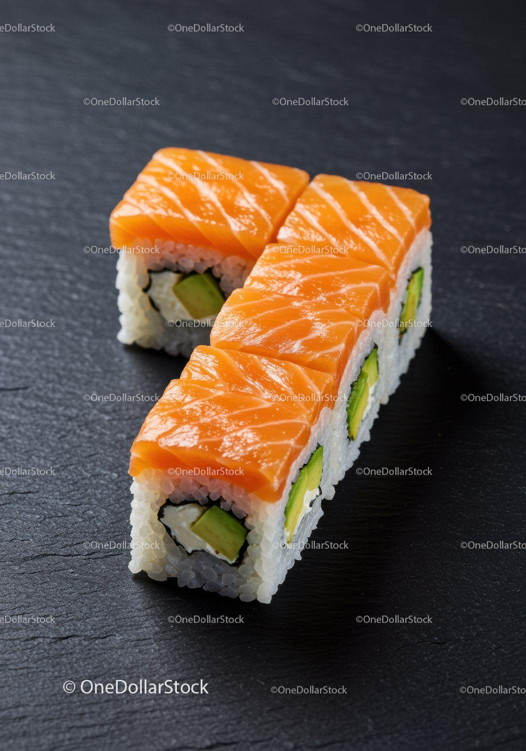 Fresh Salmon Sushi Rolls with Avocado on Black Slate