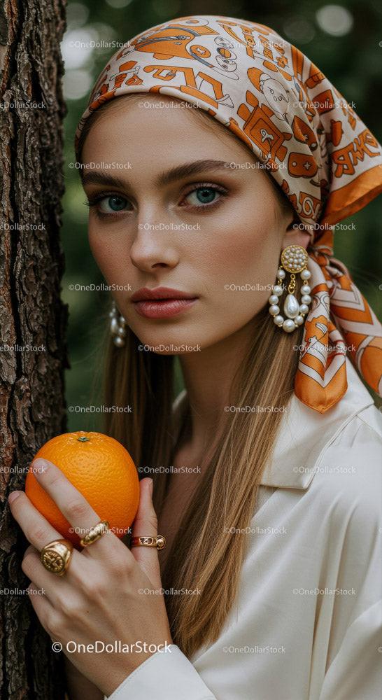 Stylish Woman Holding an Orange in a Bright Outdoor Setting Stock Photo Bundle preview 34