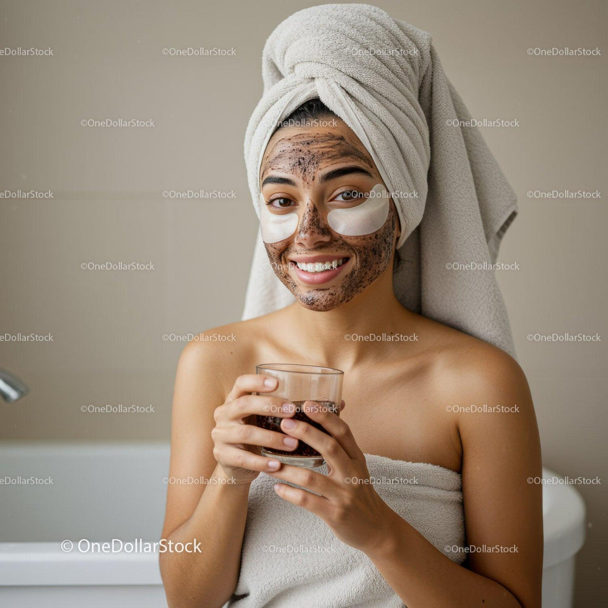 Young Woman with Facial Mask and Towel After Spa Treatment