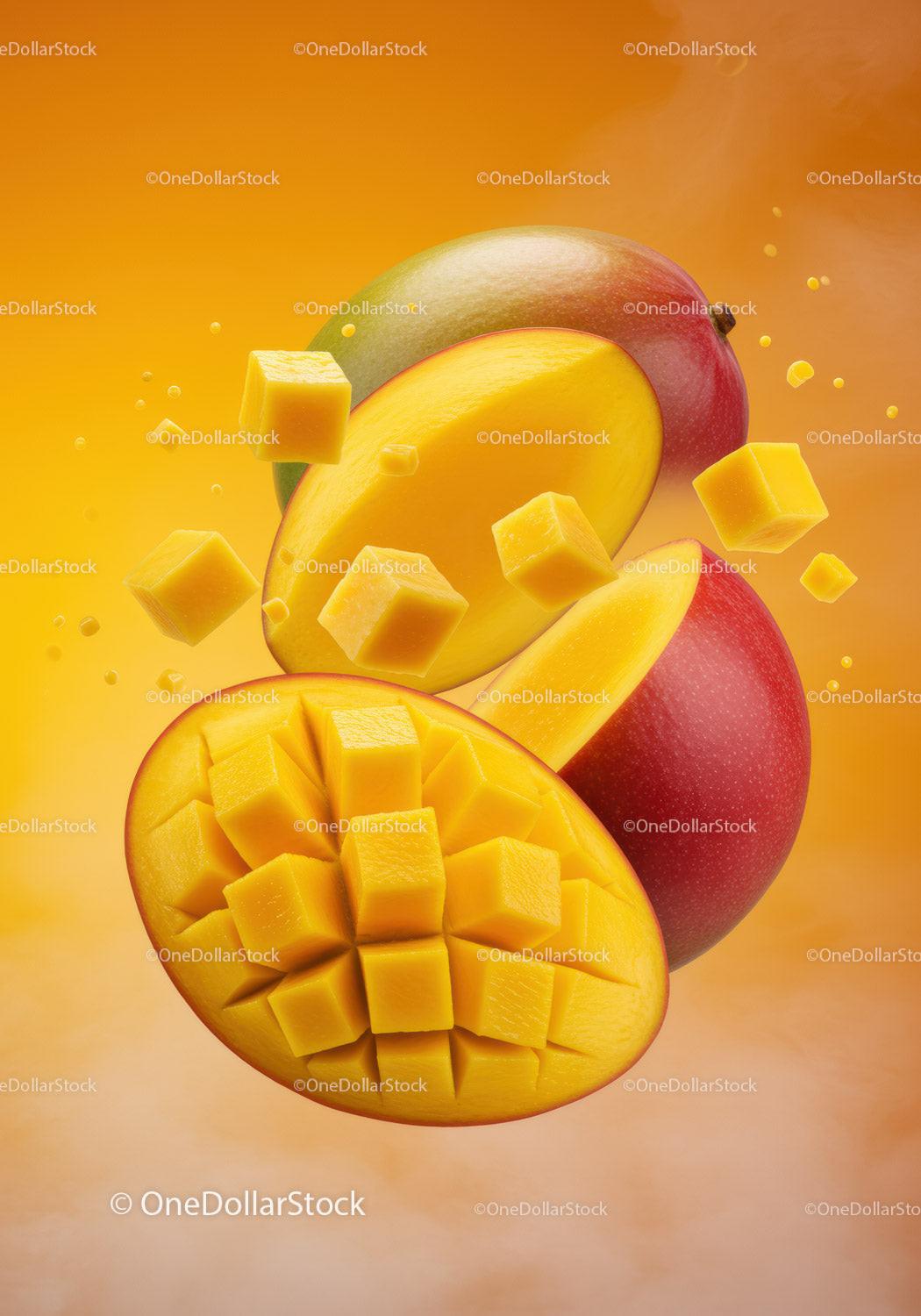 Fresh mango cubes with vibrant tropical whole fruit