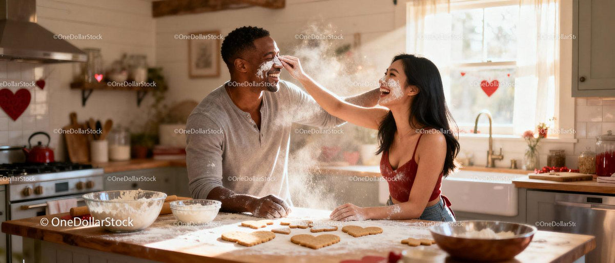 Couple Playfully Baking Heart Shaped Cookies Together