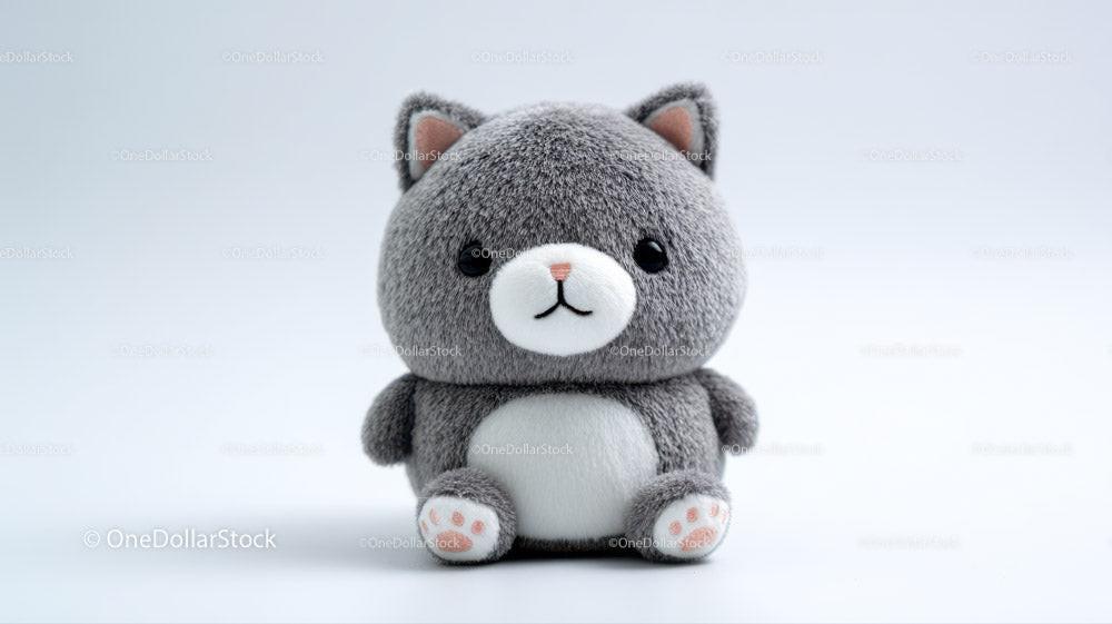 Plush gray cat toy sitting upright with white belly and pink paws on white background