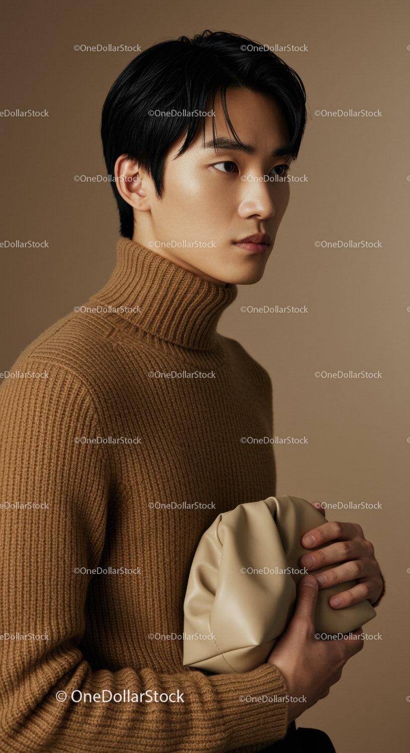 Male Model in Brown Turtleneck Sweater Holding Beige Clutch for Fashion Portrait