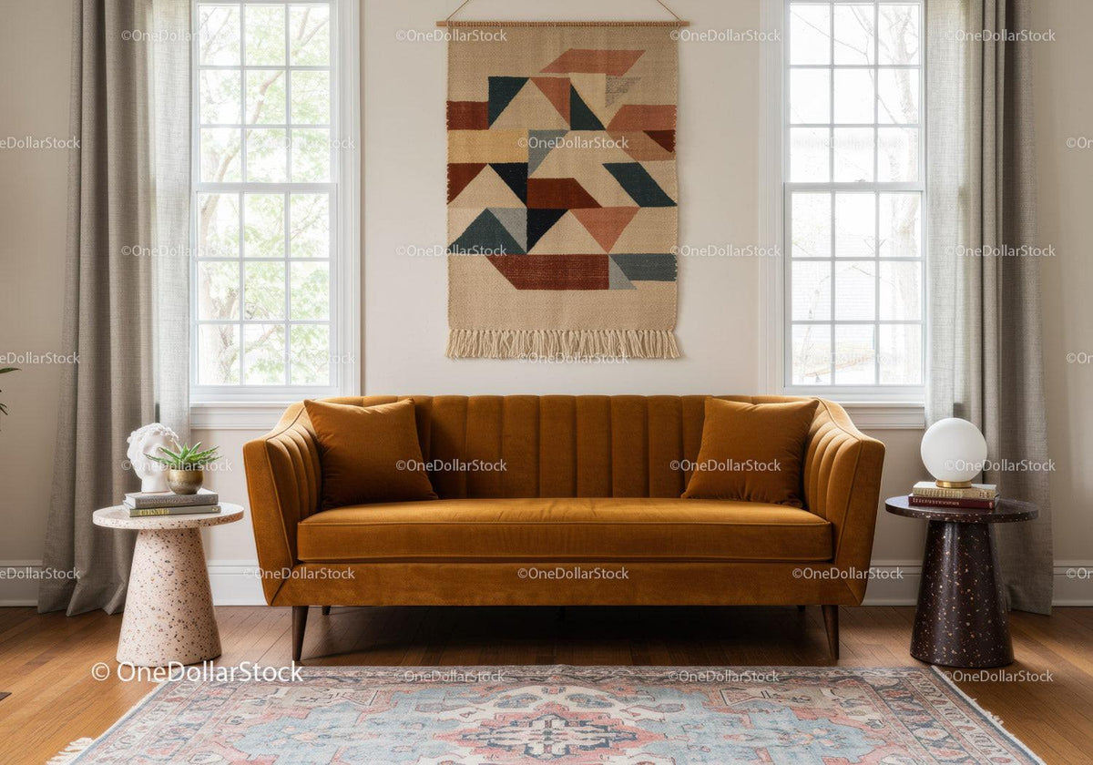 Modern cozy living room with orange velvet sofa and decor
