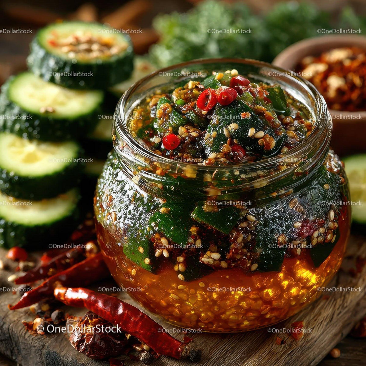 Vibrant Spicy Cucumber Kimchi in Glass Jar with Fresh Vegetables Stock Photo Bundle preview