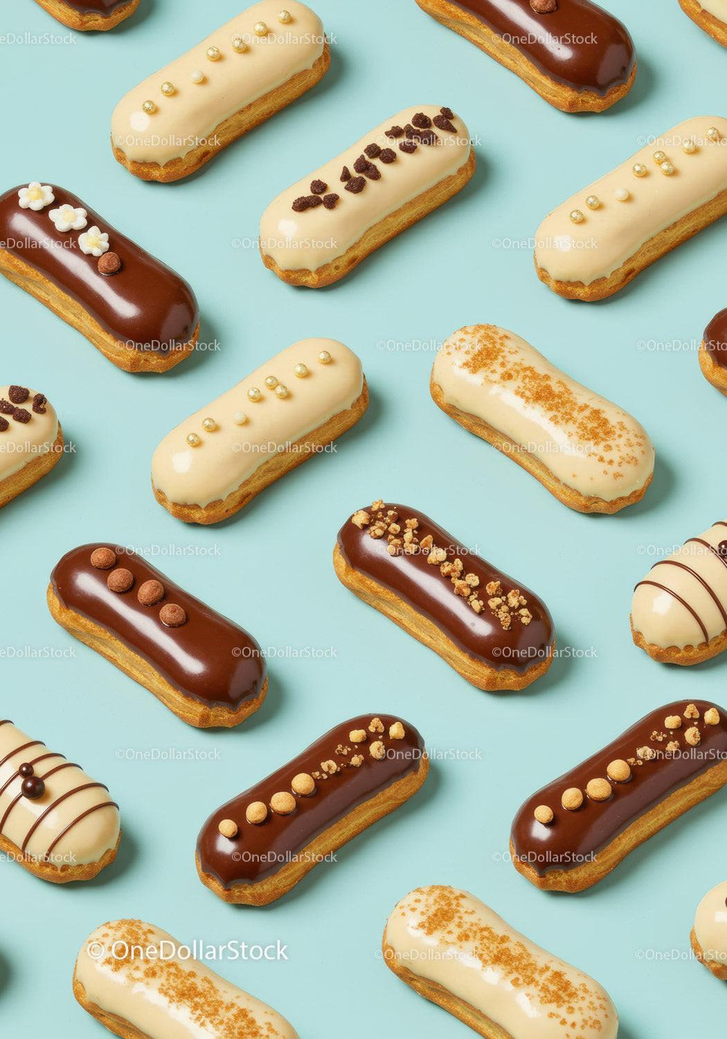 Assorted Eclairs with Chocolate and Cream Toppings on Blue