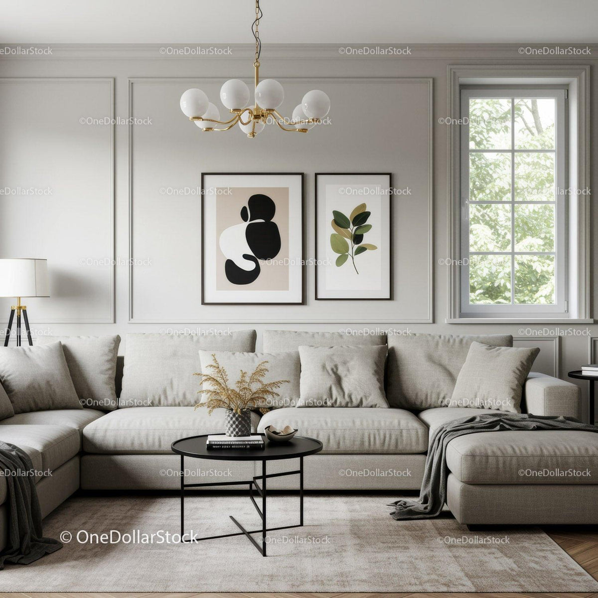 Elegant Modern Living Room with Neutral Tones and Botanical Art