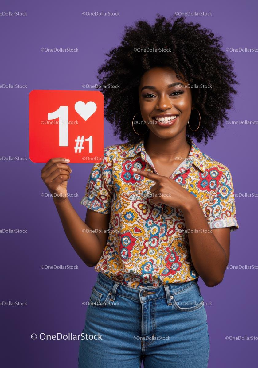 Smiling Woman Holding Heart Sign with Colorful Shirt Against Purple Background Stock Photo Bundle creative preview 4