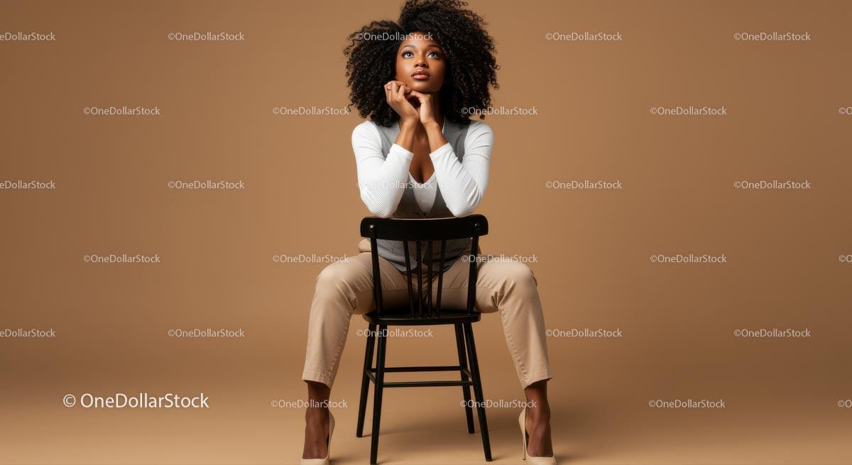 Elegant Woman in Beige Pants and White Top Sitting on Black Chair