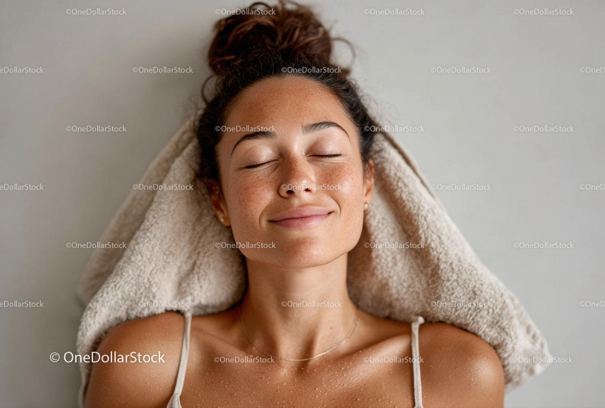 Relaxed Freckled Woman Smiling with Closed Eyes in Cozy Setting