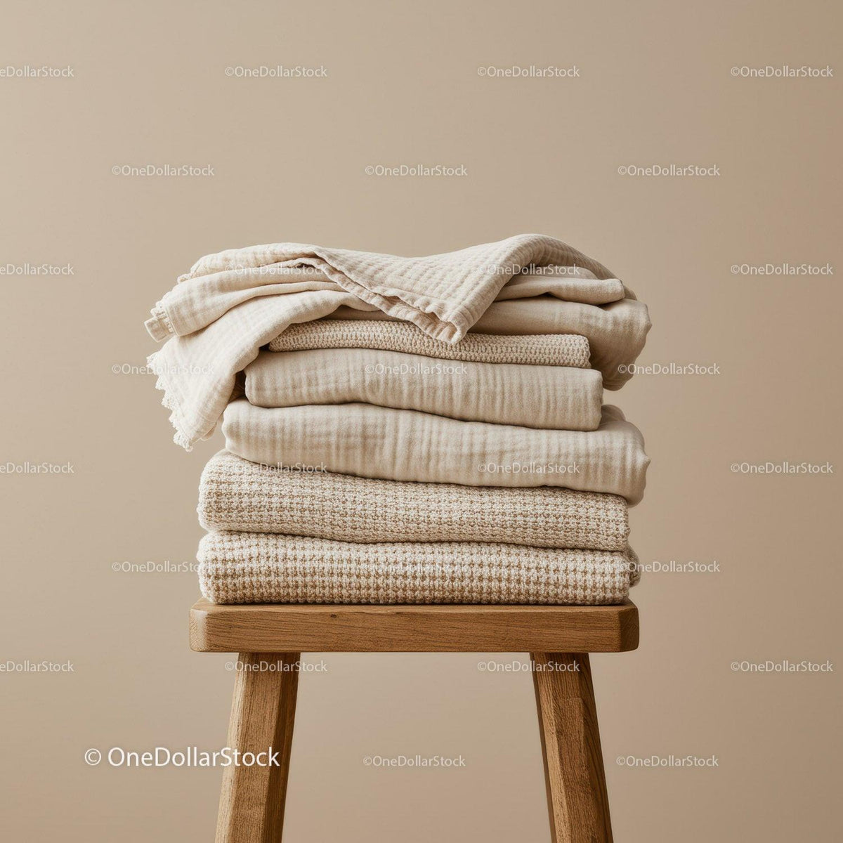 Stack of neutral toned cozy folded blankets on stool