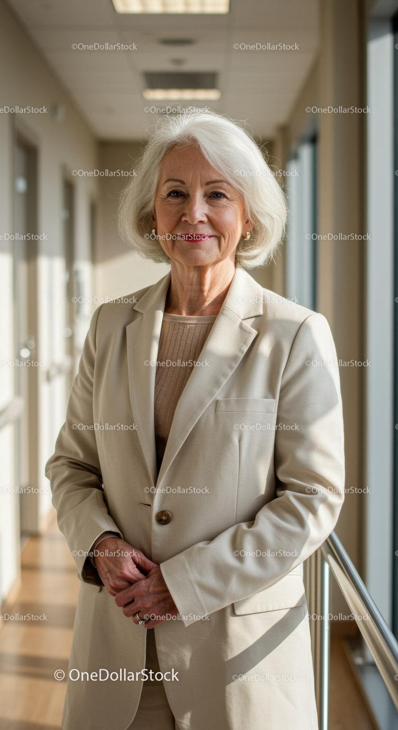Elegant Senior Woman in Business Attire Standing in Modern Office