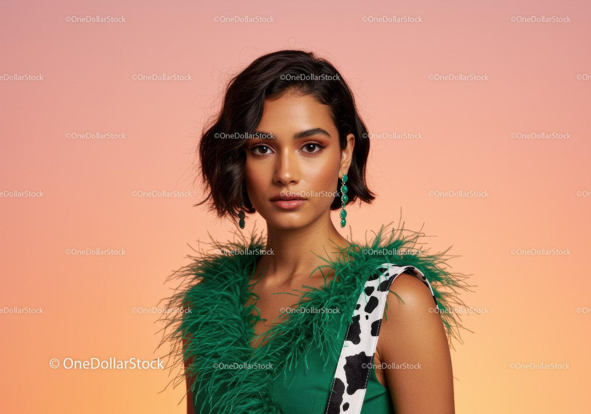 Elegant Woman in Green Feathered Dress with Stylish Accessories