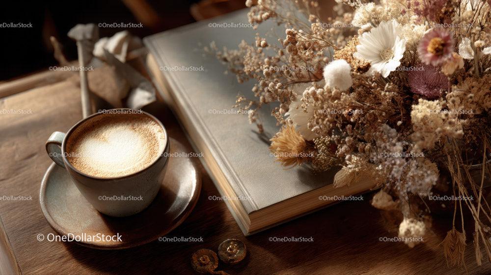 Cozy Coffee and Floral Arrangement on Rustic Wooden Table
