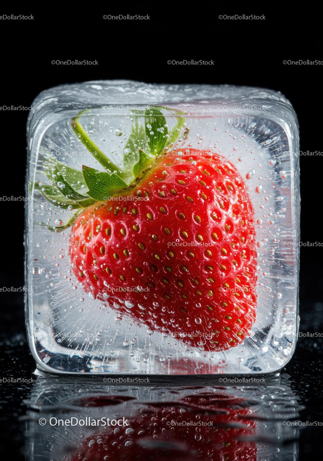 Fresh strawberry frozen inside a clear ice cube