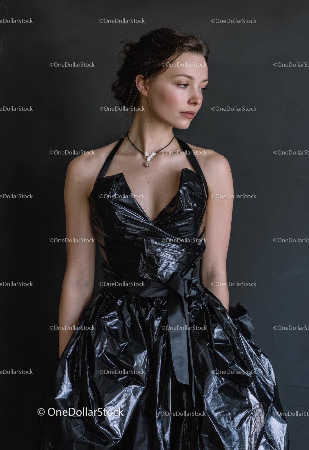 Elegant Woman in Black Plastic Dress Posing Against Dark Background