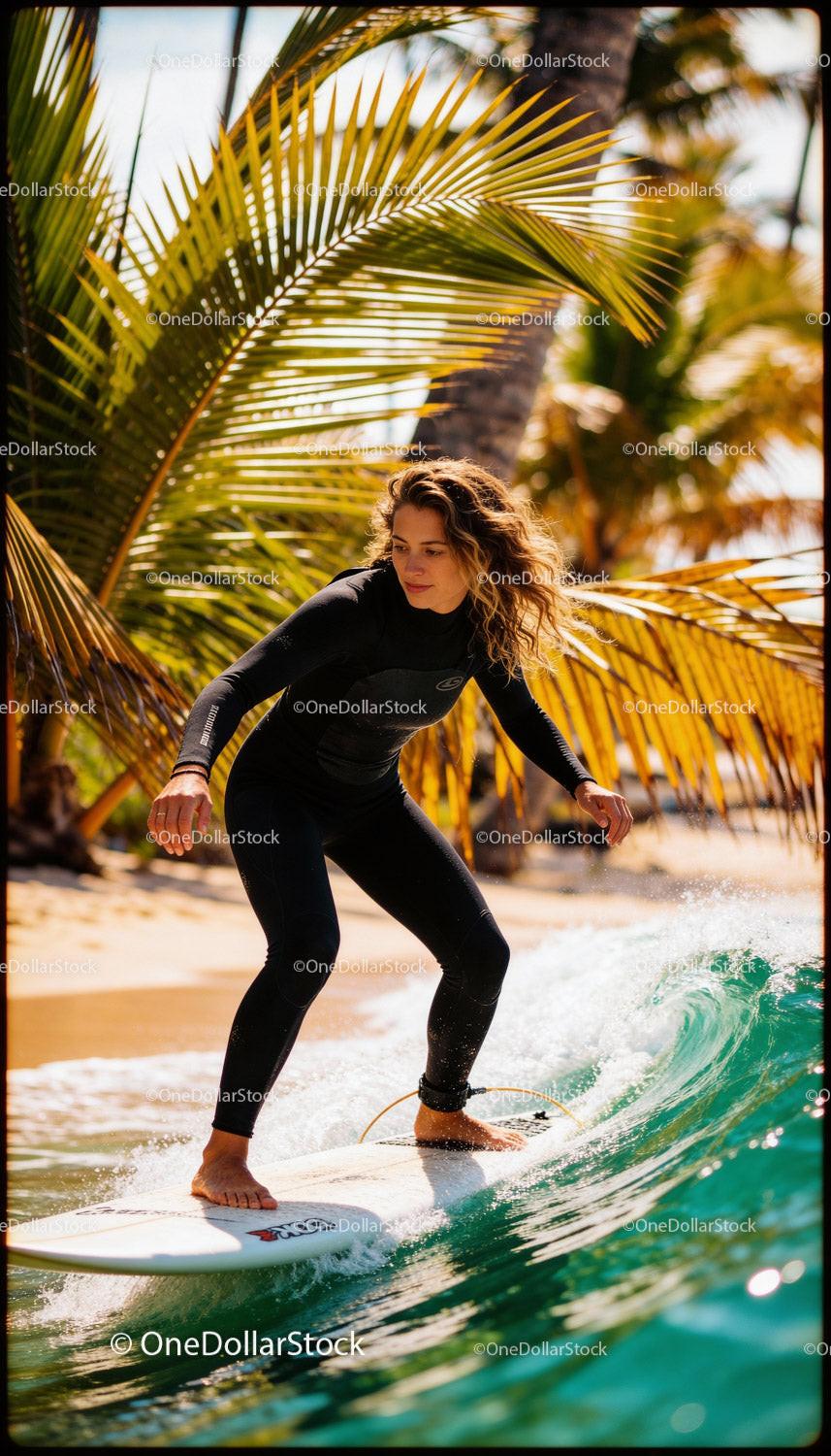 Woman surfing on vibrant tropical beach waves