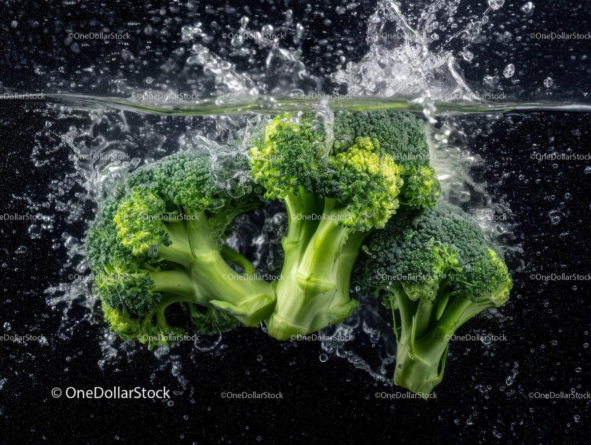 Fresh Green Broccoli Florets in Water Splash Artistic Composition