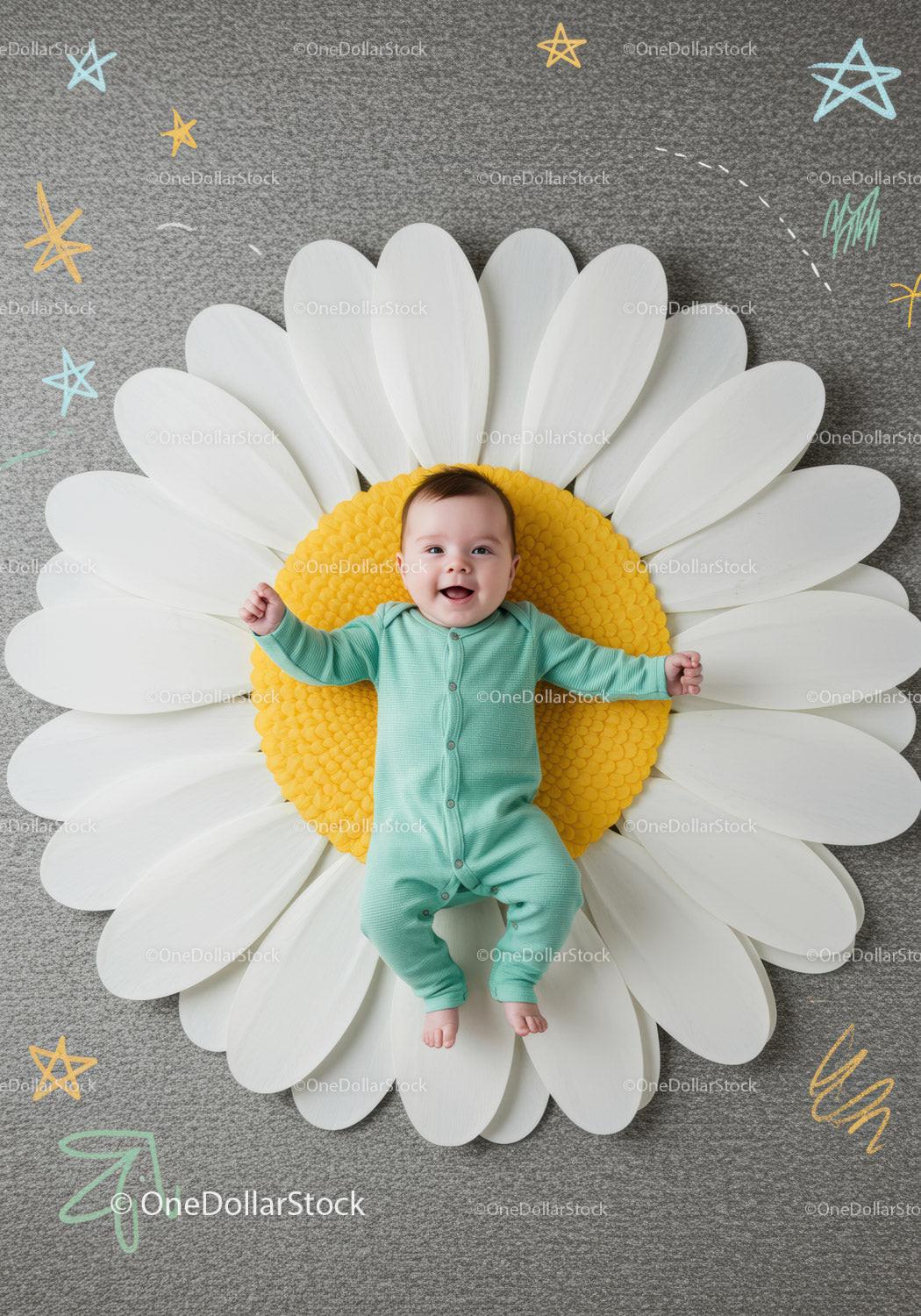 Happy baby lying on large decorative daisy flower mat