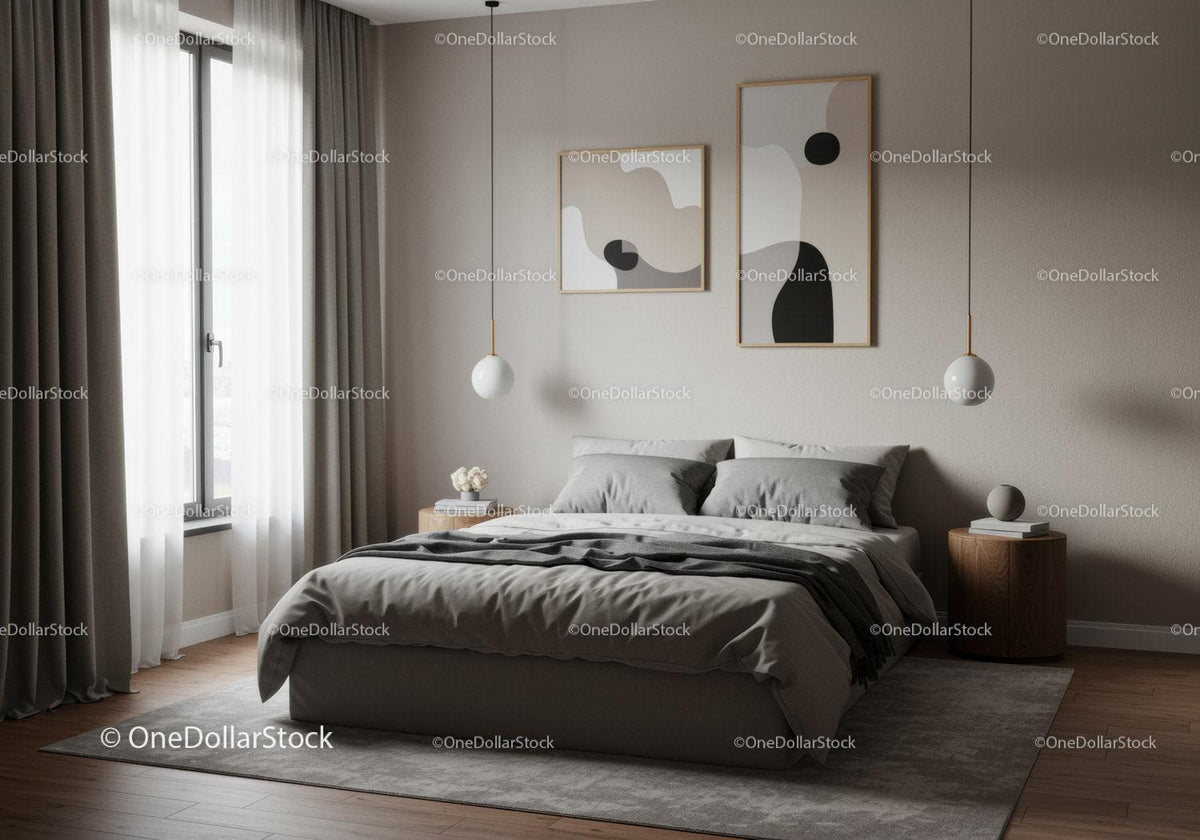 Modern Bedroom with Gray Bedding and Elegant Wall Art