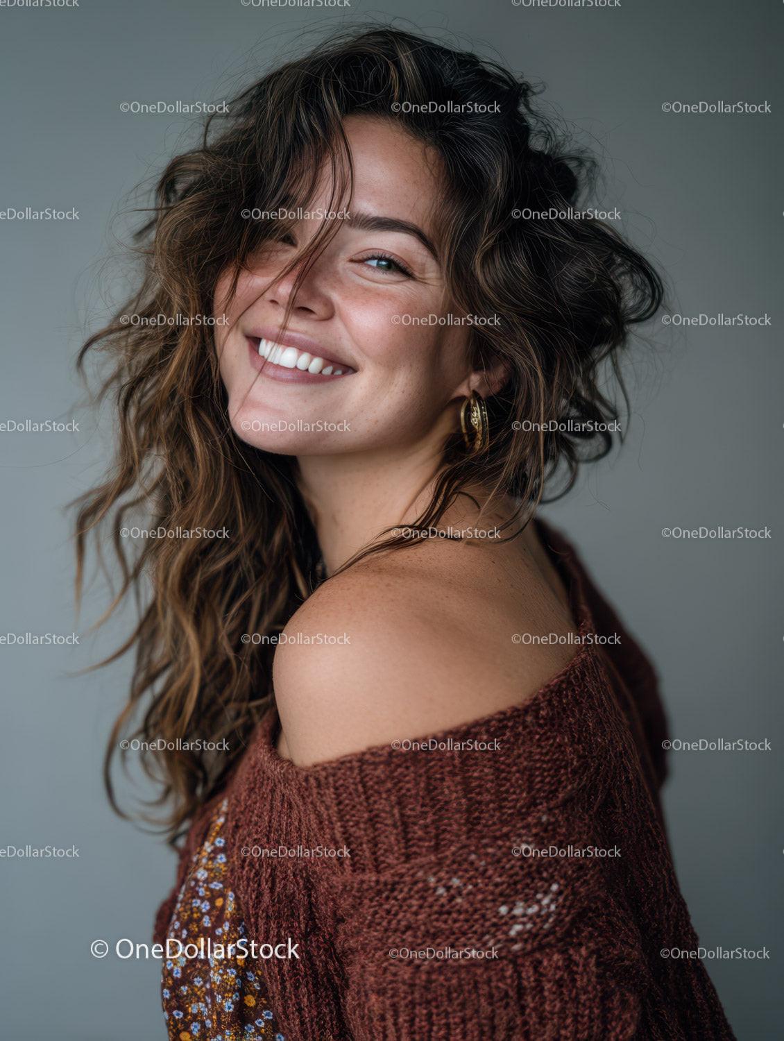 Joyful Woman with Curly Hair Wearing Rust Sweater and Gold Earrings