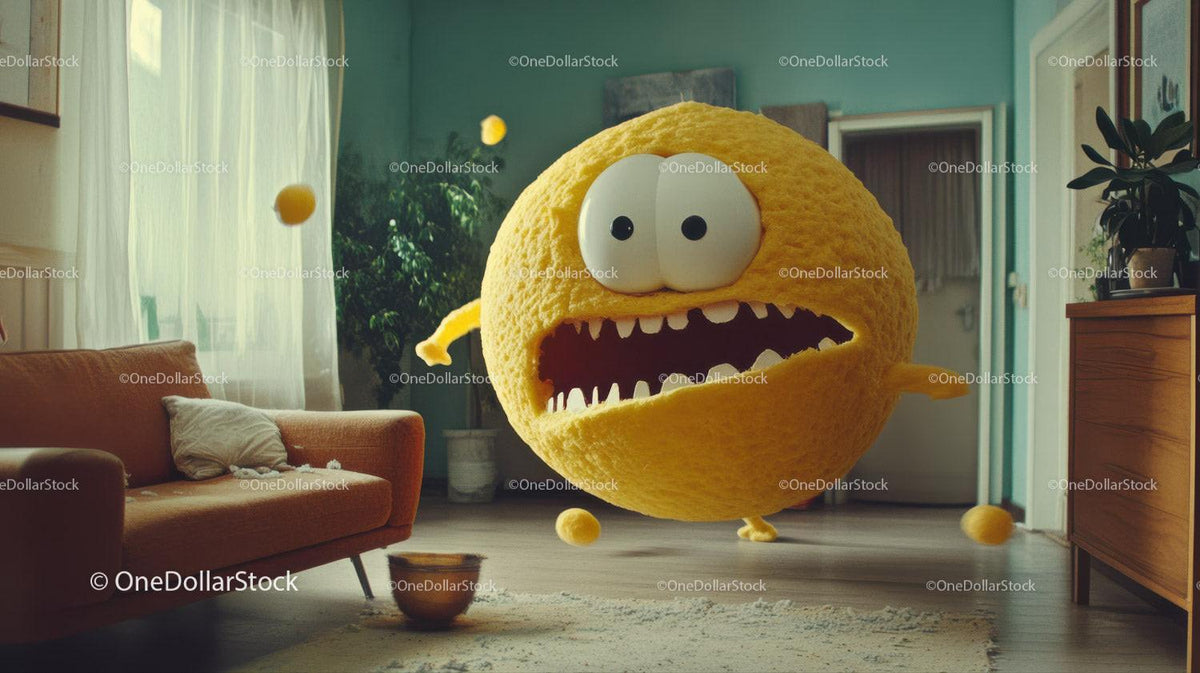Fluffy yellow round monster with big eyes and sharp teeth floating in living room