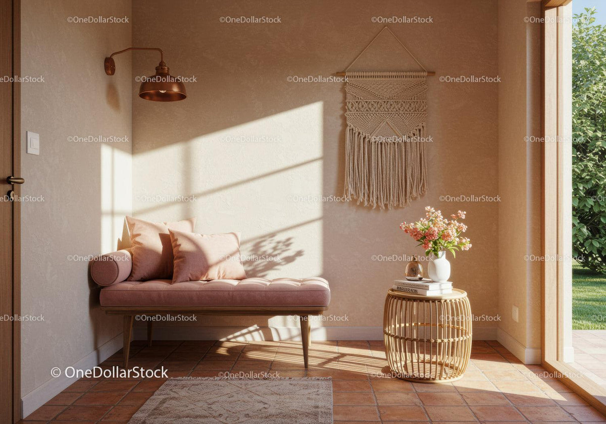 Cozy sunlit corner with bench and floral decor