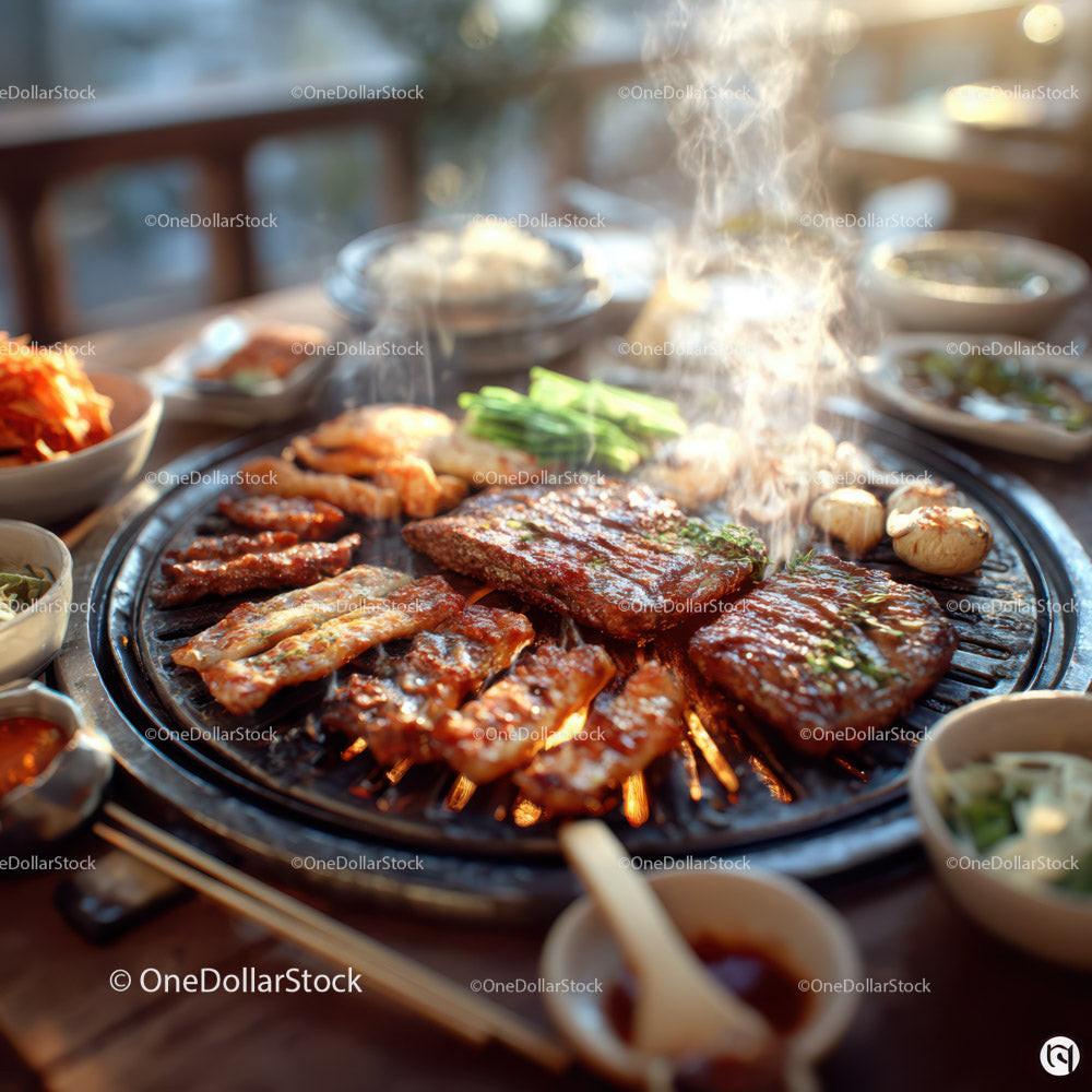 Korean Barbecue with Grilled Meat and Fresh Vegetables in a Traditional Setting Stock Photo Bundle preview 11