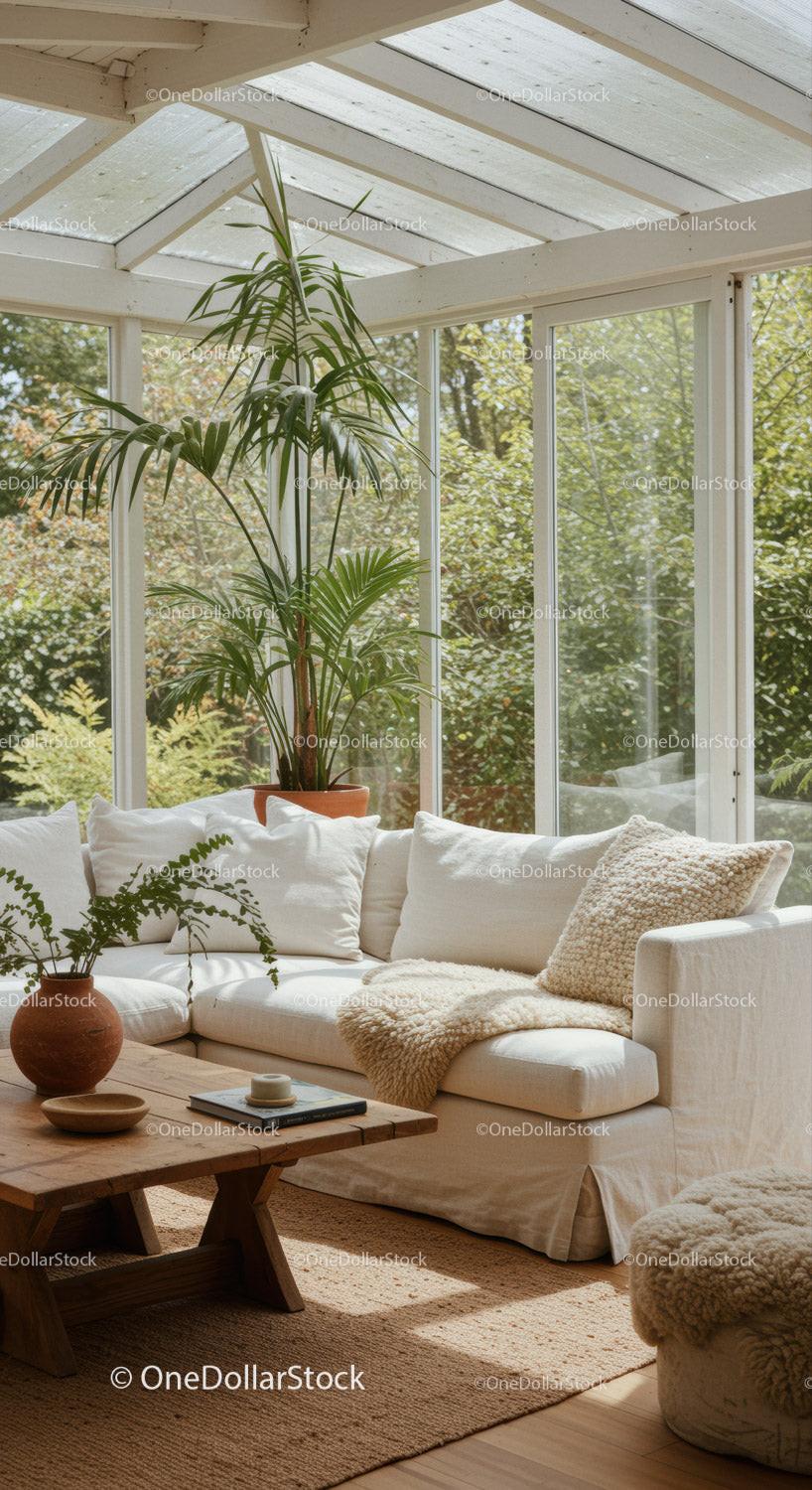 Bright sunlit living room with cozy white sofa and greenery
