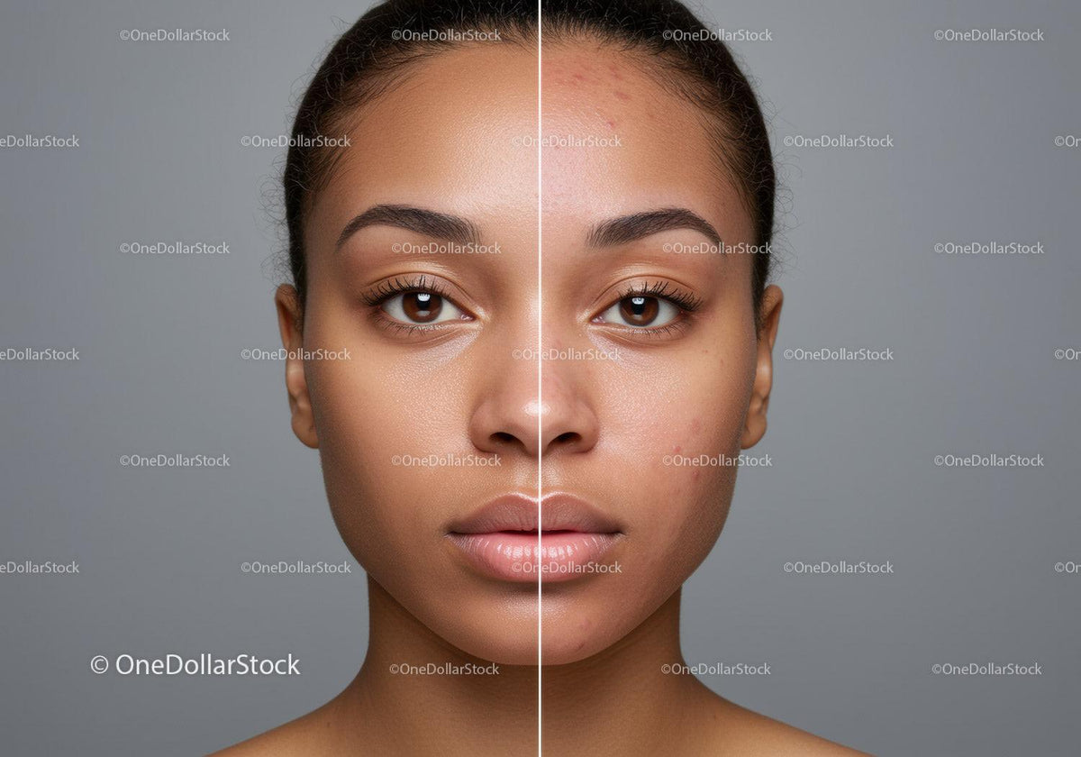 Side-by-Side Portrait of a Woman Showing Skin Improvement and Acne Reduction