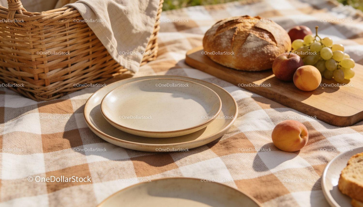 Cozy outdoor picnic setup with bread and fresh fruit