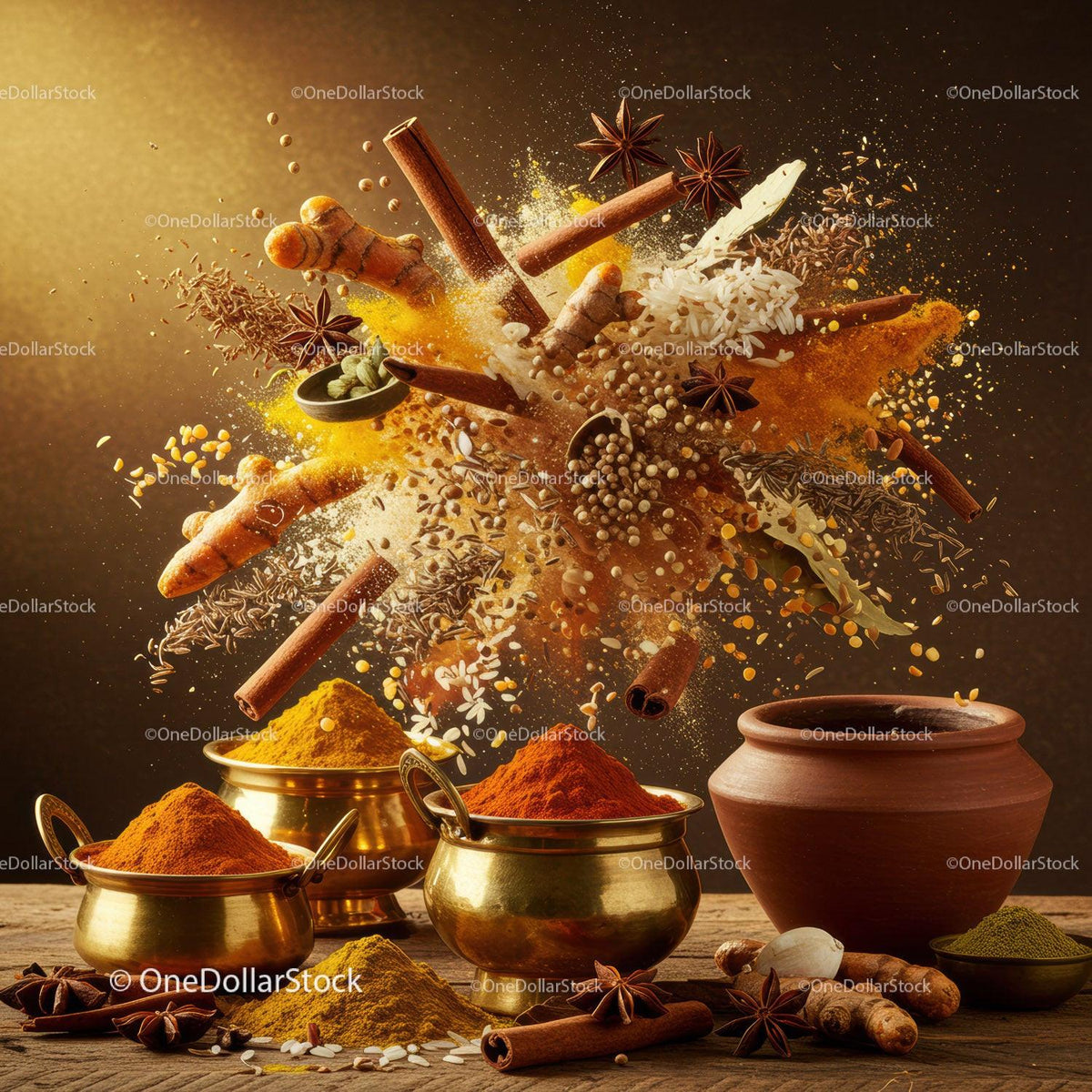 Assorted spices and herbs vibrant explosion on wooden table