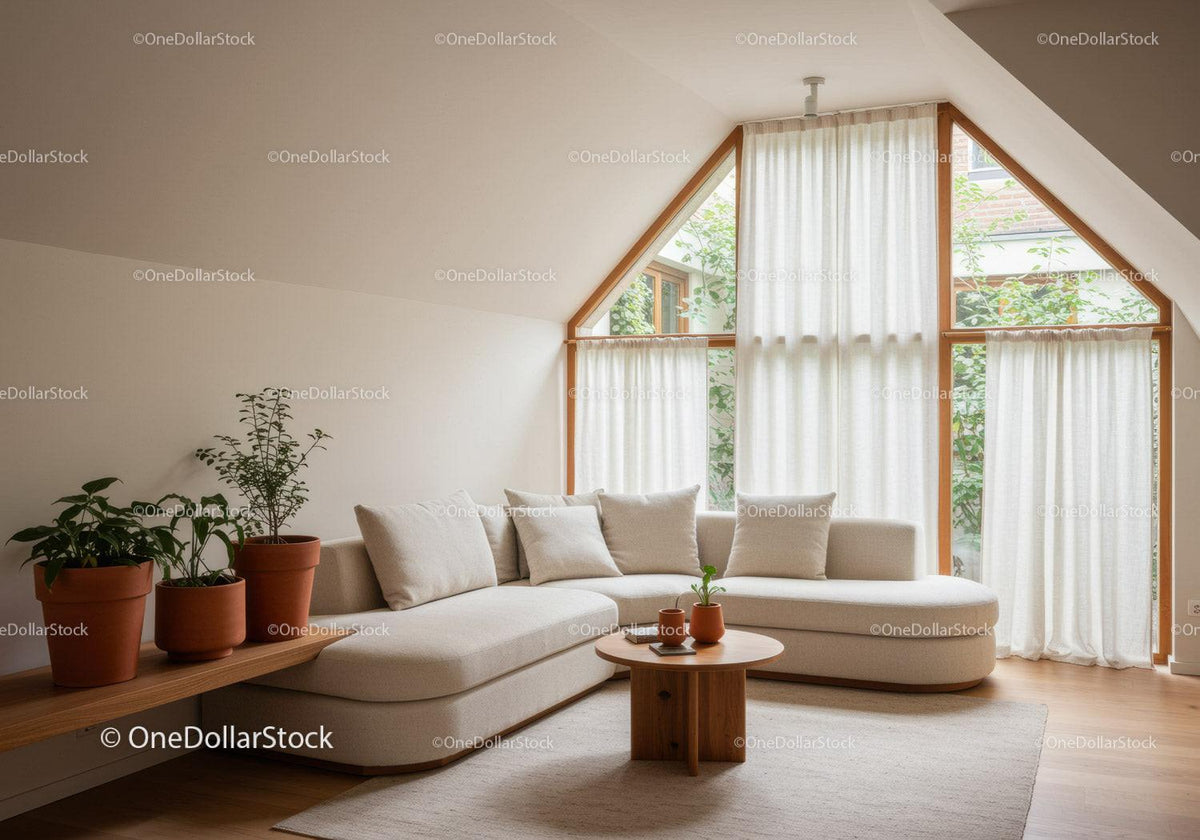 Cozy modern living room with large windows and plants