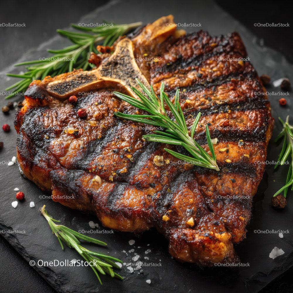 Gourmet Grilled Steak with Rosemary on Black Slate Plate Stock Photo Bundle preview 6