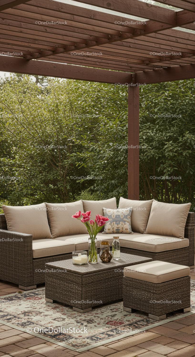 Elegant Outdoor Patio with Wicker Sofa and Pink Tulips in Garden