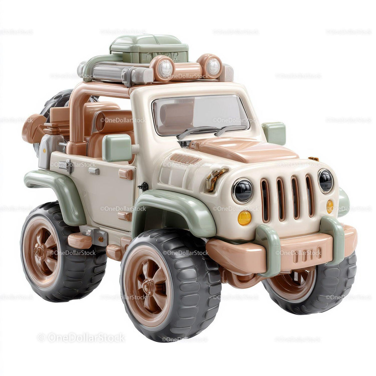 Miniature off-road SUV toy model with large tires and luggage on roof in beige and green colors