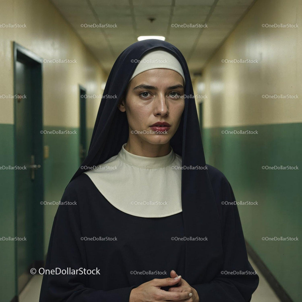 Confident Nurse in Hospital Corridor With Serious Expression Stock Photo Bundle preview