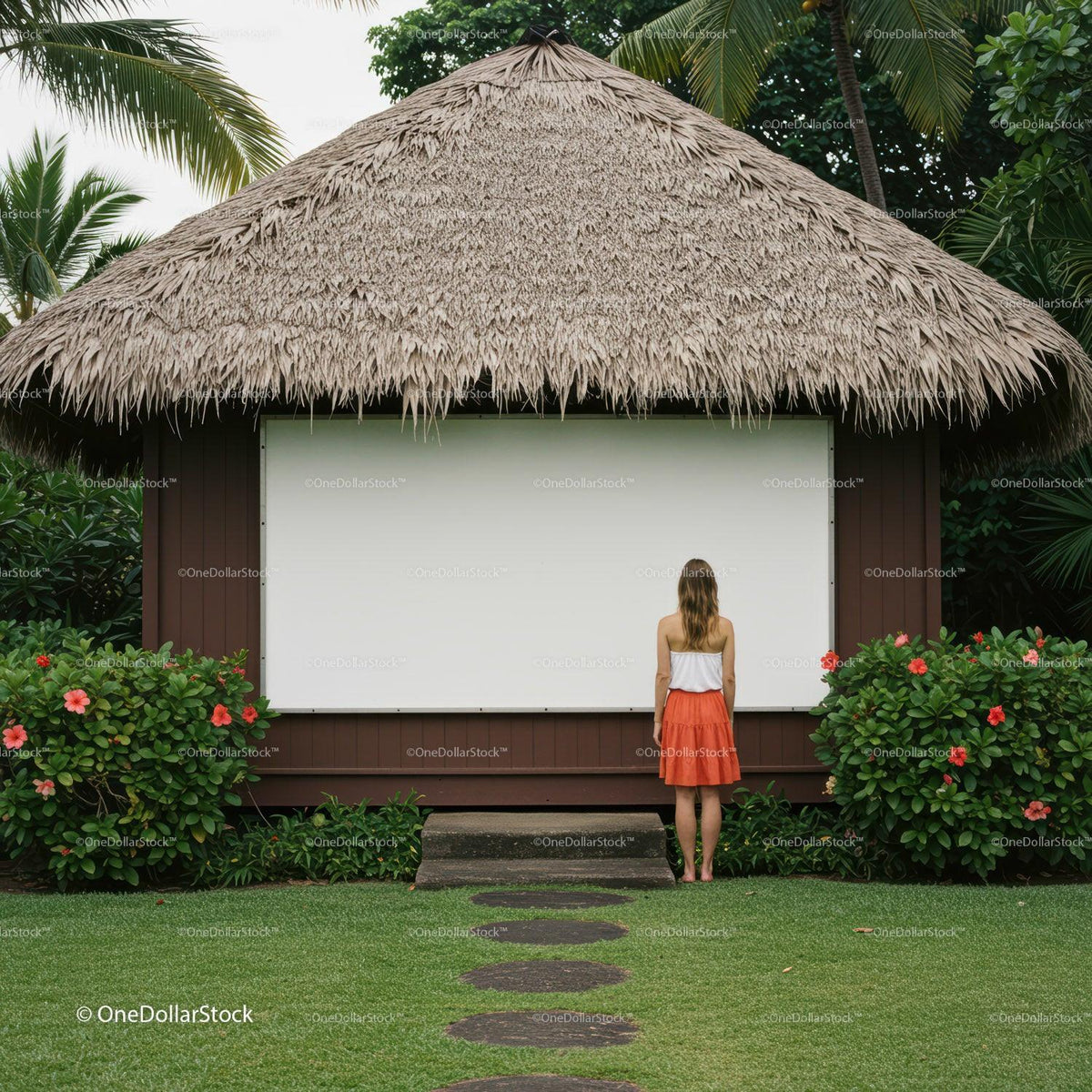 Woman Standing in Front of Tropical Outdoor Screen JPG Mockup Image preview