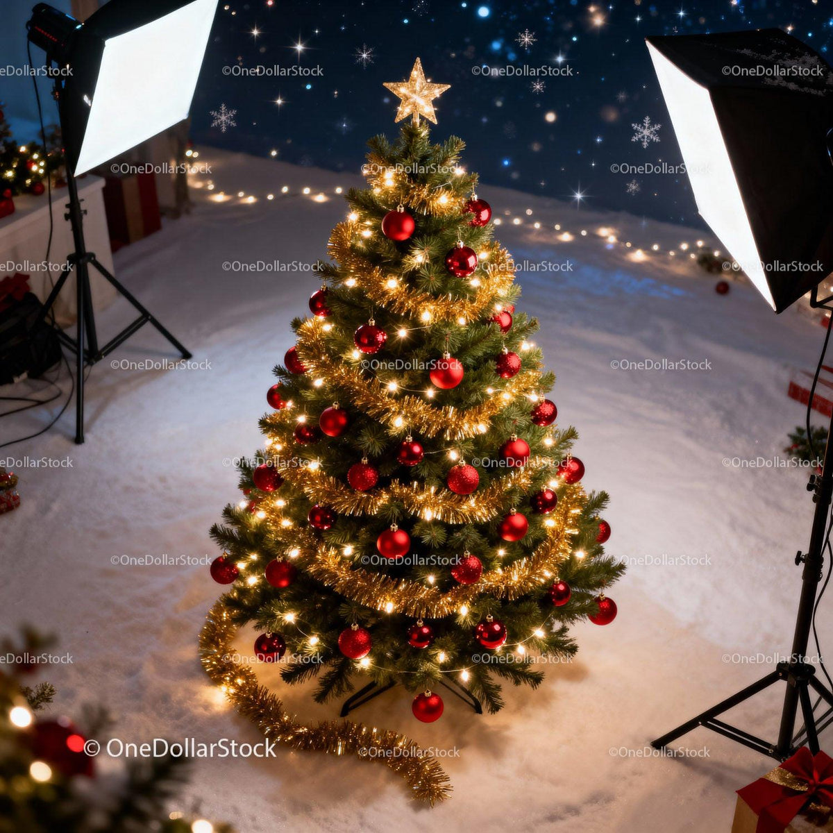 Christmas tree decorated with lights and red baubles