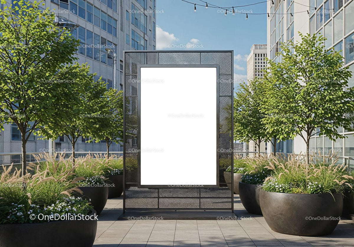 Urban outdoor advertising display with green plants JPG Mockup Image preview