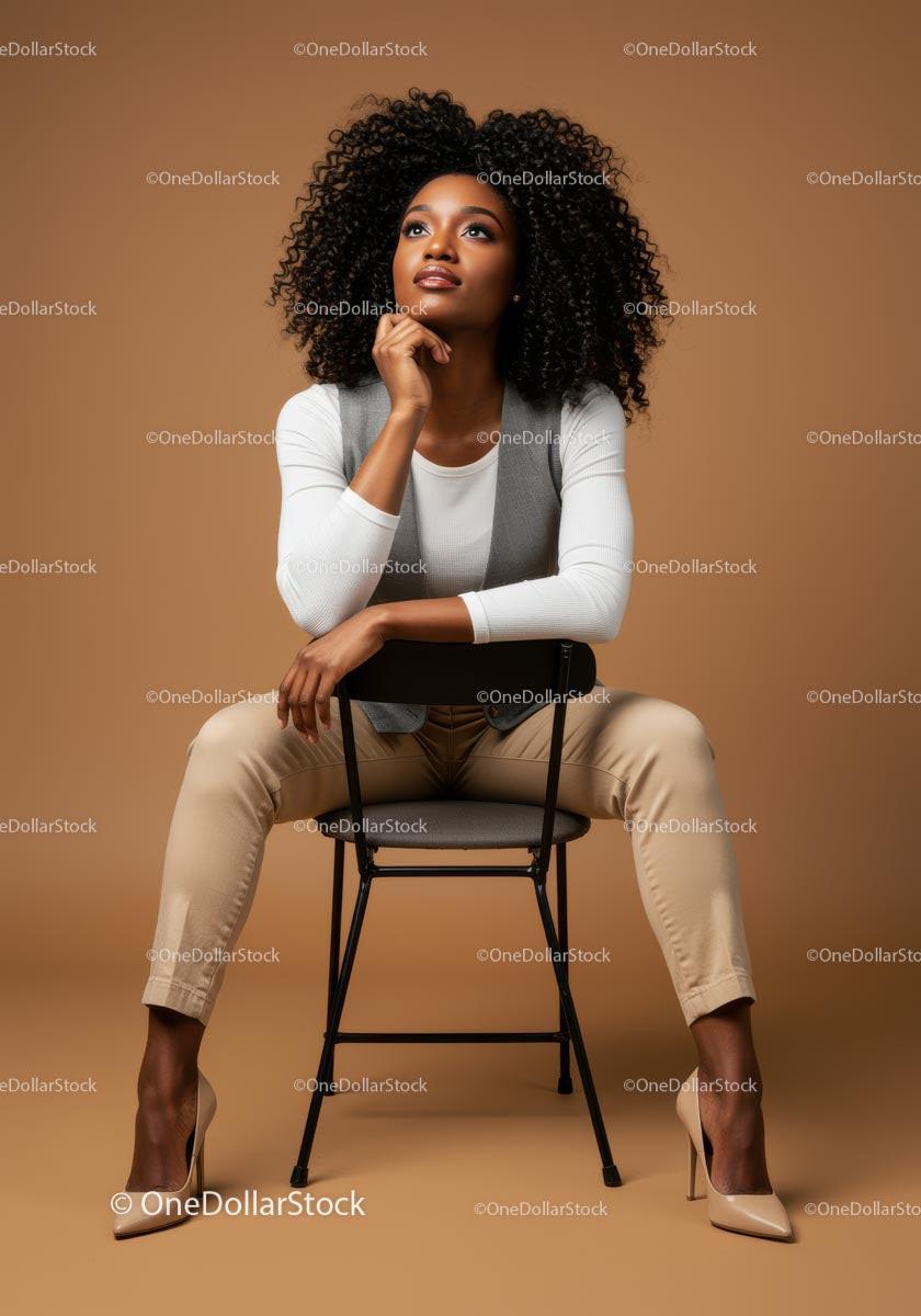 Thoughtful Woman Seated in Elegant Attire Against Brown Background Stock Photo Bundle preview 21