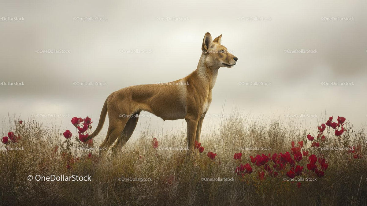 Tan dog standing in field with red wildflowers and misty background