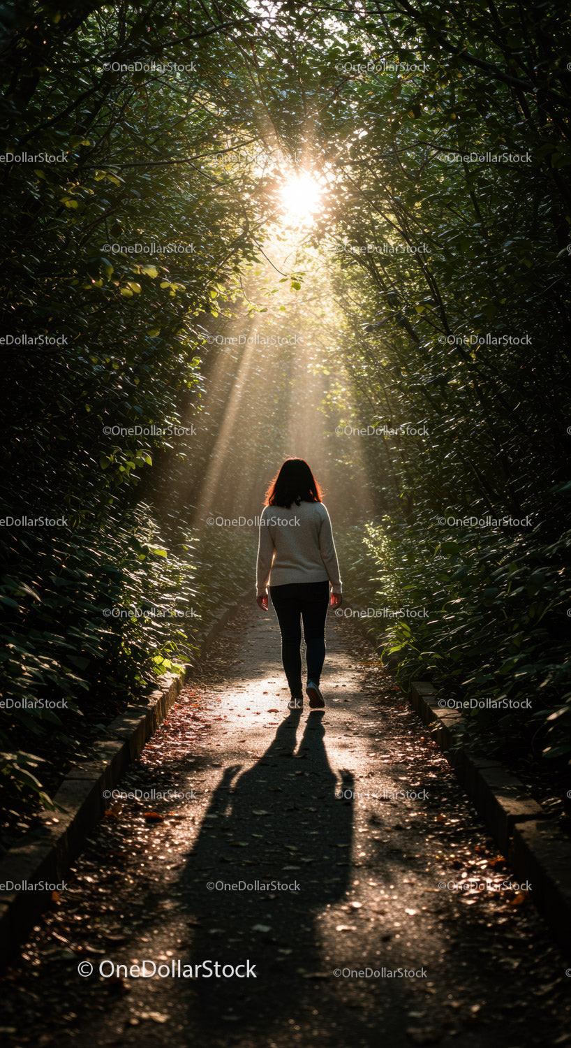 Woman walking under sunlit forest canopy path