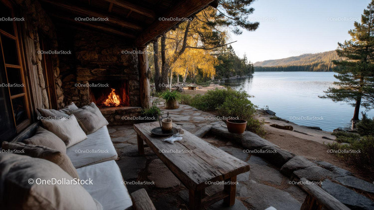 Cozy Riverside Cabin With Fireplace Overlooking Mountain Landscape Stock Photo Bundle preview 30
