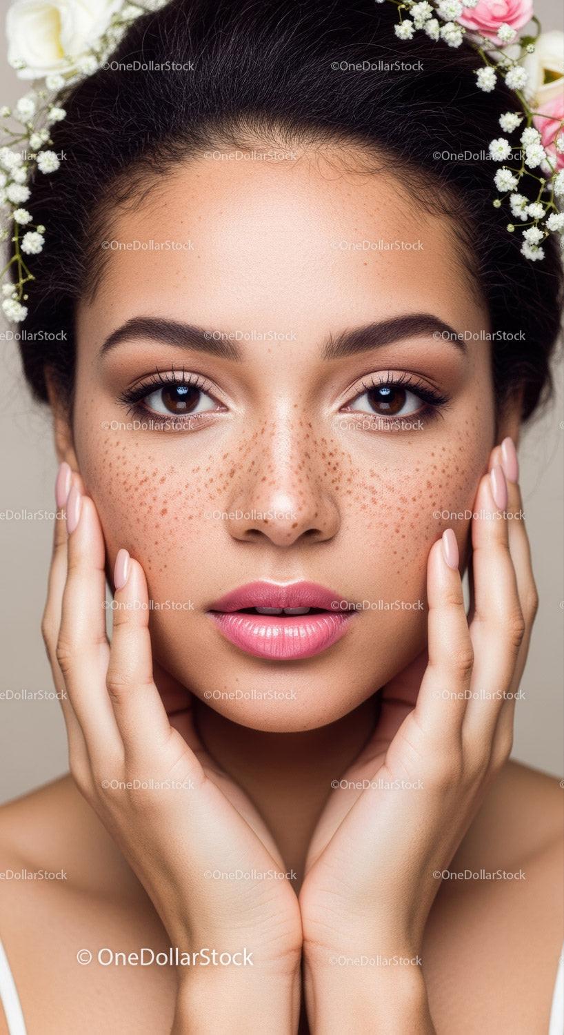 Close-Up Portrait of a Woman with Freckles and Floral Headpiece