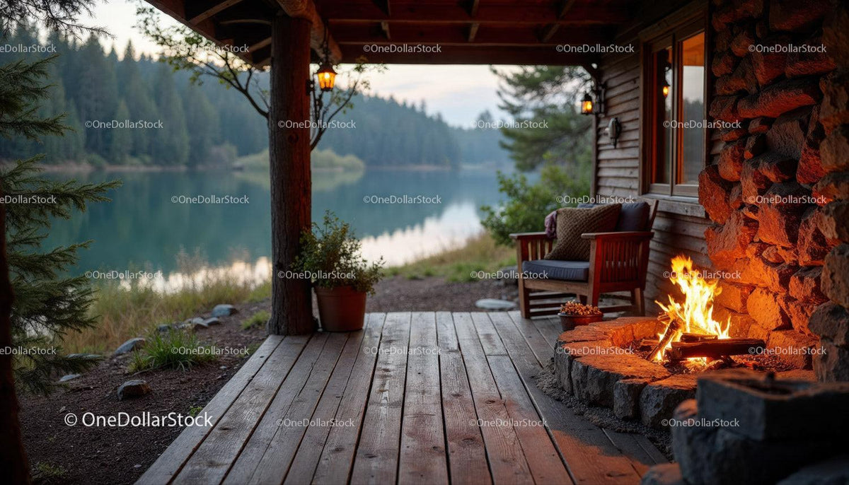 Rustic Cabin Porch with Firepit and Scenic River View Stock Photo Bundle preview 29