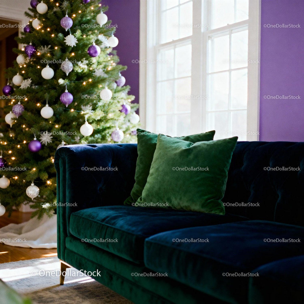 Cozy living room with velvet sofa and decorated Christmas tree